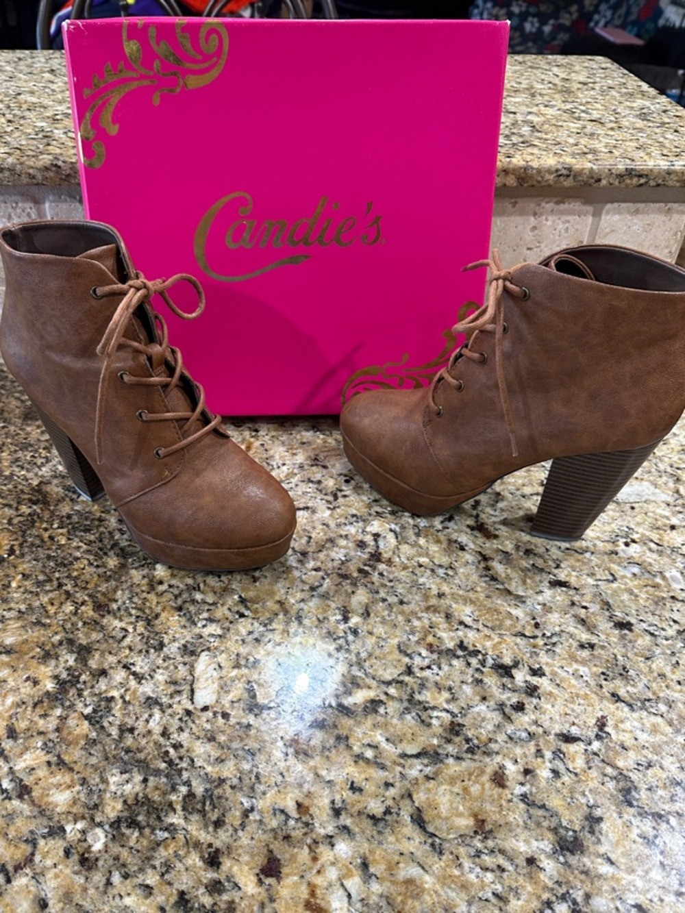 Candie's Brown Lace-Up Platform Ankle Boots with Stacked Heel